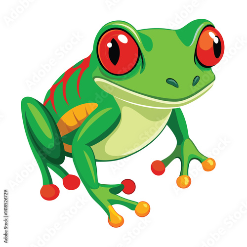 A vibrant green tree frog with striking red eyes and bright orange feet clings to an unseen on White background