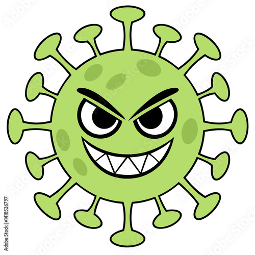 Cartoon green virus character with evil face expression and sharp teeth on white background.