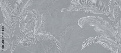 Tropical art background with leaves of exotic plants hand drawn in line style. Botanical banner for decoration, print, textile, poster, wallpaper, interior design, packaging.