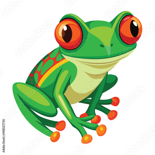 A vibrant green tree frog with striking red eyes and bright orange feet clings to an unseen on White background