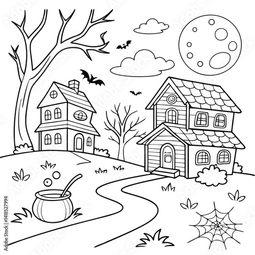 Spooky Halloween House Coloring Page Illustration