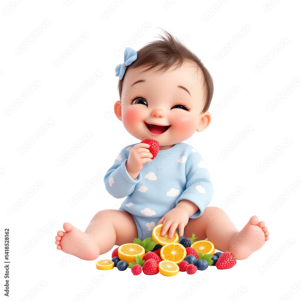 Joyful Baby Experiencing Fruity Delights on White Background with a Smile Joyful Baby Experiencing Fruity Delights on White Background with a Smile
