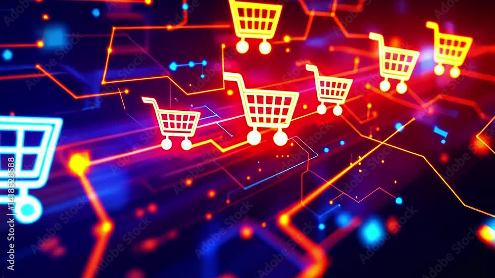 Abstract digital representation of online shopping with shopping carts and network connections