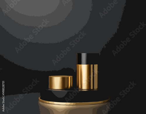 Minimal black scene with golden lines. Cylindrical gold and black podium on a black background. 3D stage for displaying a cosmetic product