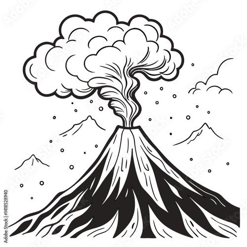Black and White Illustration of an Erupting Volcano