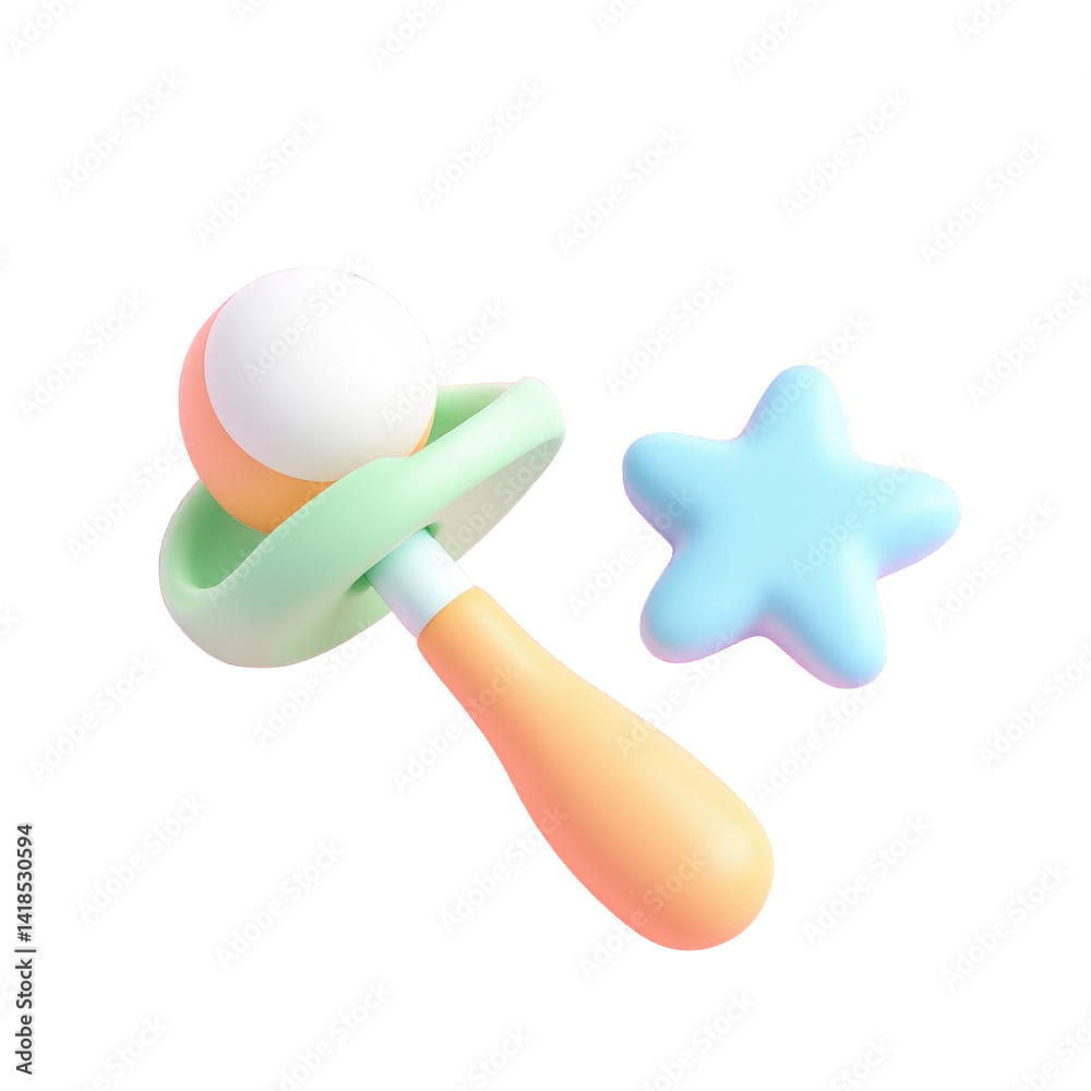 Pastel Baby Rattle and Star, Minimalist 3D Rendering for Nursery Decor Pastel Baby Rattle and Star, Minimalist 3D Rendering for Nursery Decor