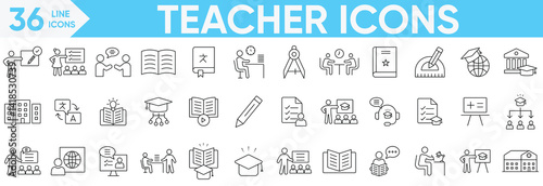 Teacher icons set.class, school, teaching, mentor, professor, book, home schooling, students, graduation cap, education, instruct, knowledge and more.Vector and illustrator set.