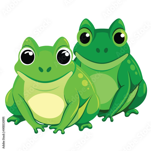 Two vibrant green frogs with striking eyes rest peacefully on White background