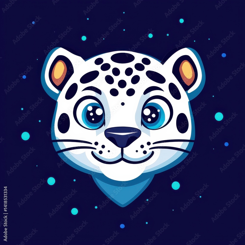 Fototapeta premium Cartoon illustration of a snow leopard face with blue eyes and black spots on a dark blue background