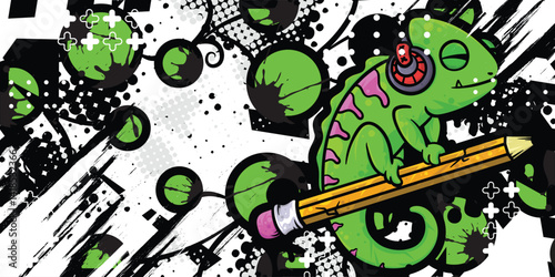 Abstract background with chameleon and pencil objects