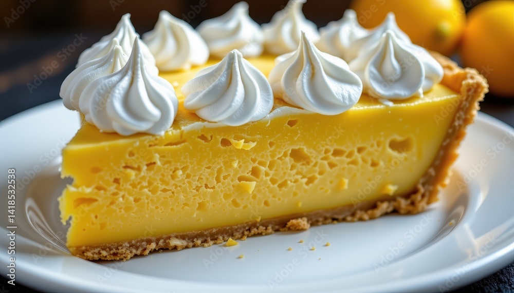 Lemon custard pie slice with meringue