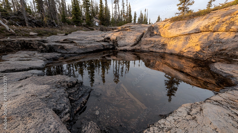 Obraz premium Tranquil Rocky Landscape with Reflection of Trees in a Calm Water Pool at Golden Hour