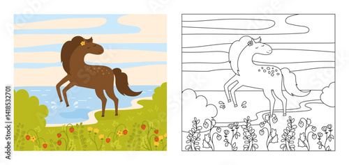 Horse bathes in river on summer meadow cartoon coloring book for kids. Doodle cute mare horse in summer beach. Comic linear funny stallion character. Vector illustration design perfect for children