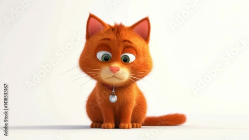 Adorable Orange Cat with Fluffy Fur and Collar Sitting Playfully Against a Soft Background