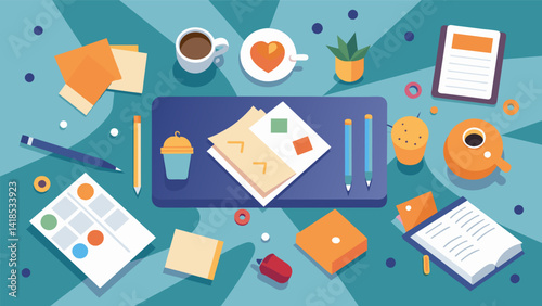 A topdown view of a desk cluttered with paints markers and scraps of paper showcasing the messy and beautiful process of journaling as a theutic. Vector illustration