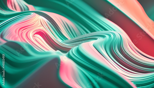 Vibrant waves of color blend and swirl, creating a dynamic interplay of pink and teal. The fluid shapes evoke a sense of motion and depth in a captivating arrangement Generative AI