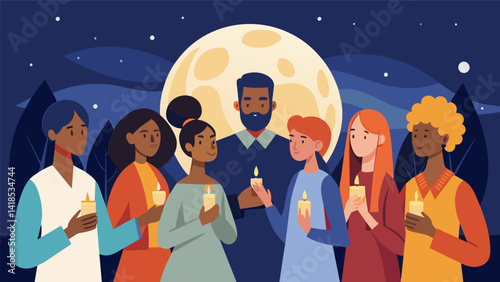 Against the backdrop of a full moon a diverse group of individuals hold glowing candles and pray for peace and unity.. Vector illustration