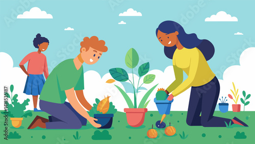 A young couple planting their first seeds in the community garden surrounded by others who have come to receive a blessing.. Vector illustration