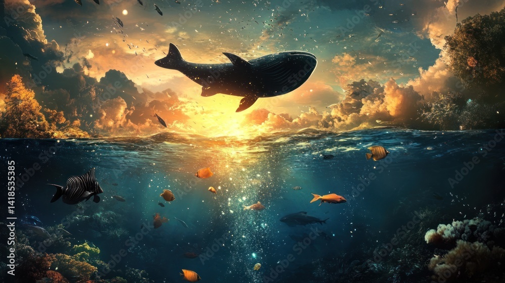 custom made wallpaper toronto digitalSurreal whale floats above a vibrant underwater world