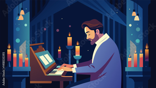As candlelight flickers the church organist plays a hauntingly beautiful rendition of O Come O Come Emmanuel setting the tone for the peaceful. Vector illustration