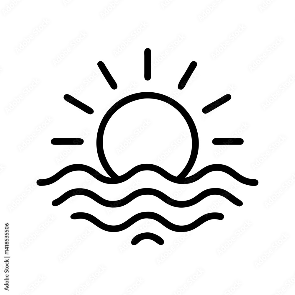 Obraz premium Sunrise Icon Over Calm Waves Beach Location Illustration Serene Environment Aesthetic Viewpoint
