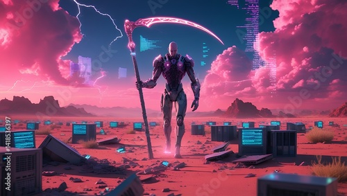 Futuristic figure with a glowing scythe walks through a digital wasteland of broken machines under a vivid pink sky, symbolizing tech collapse.