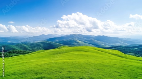 Lush green mountain meadow under a vibrant blue sky