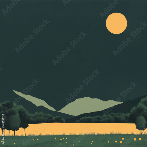 Cute minimalist cartoon of a dark sky with full moon