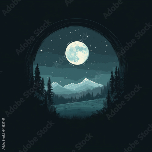 Cute minimalist cartoon of a dark sky with full moon