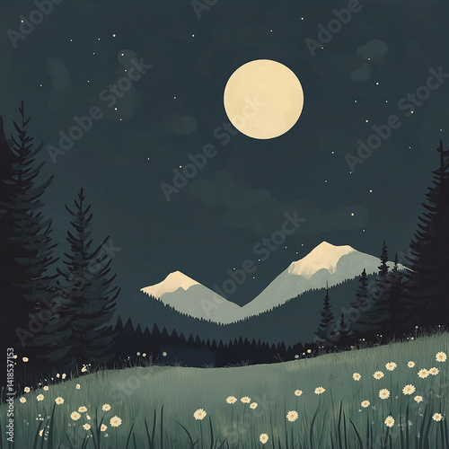 Cute minimalist cartoon of a dark sky with full moon