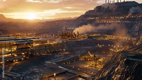 Industrial landscape at sunset with mining operations and smoke