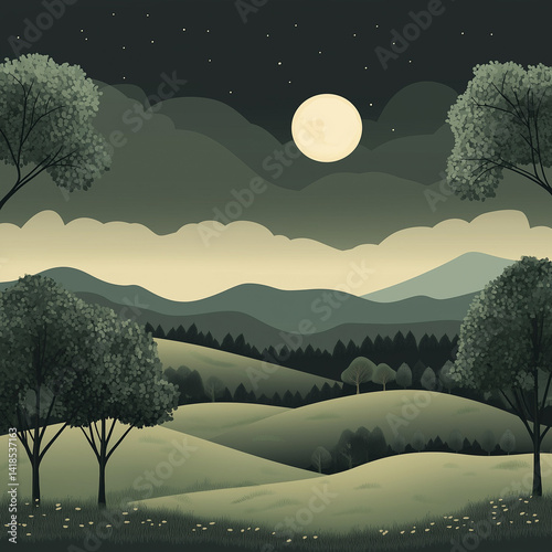 Cute minimalist cartoon of a dark sky with full moon