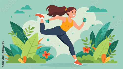 A woman sweating and smiling as she punches and kicks her way through a virtual jungle completing a virtual cardio and combat challenge.. Vector illustration
