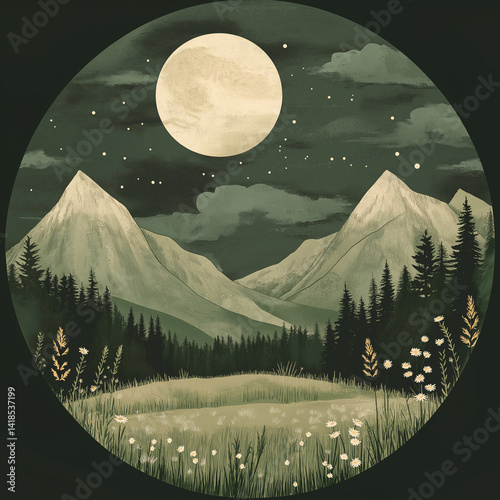 Cute minimalist cartoon of a dark sky with full moon