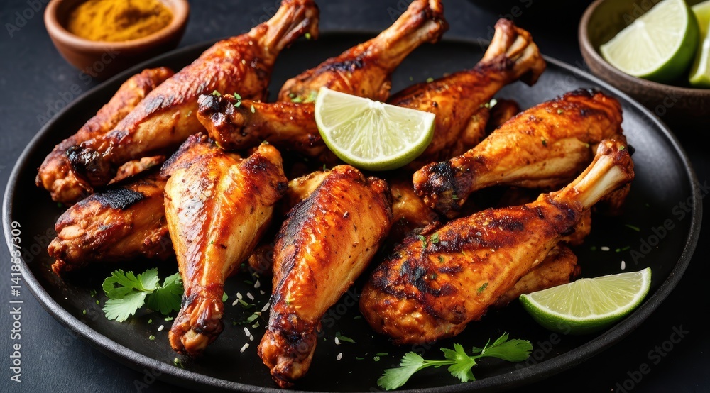 Grilled chicken wings served on a slate plate, garnished with fresh lime wedges and herbs Grilled chicken wings served on a slate plate, garnished with fresh lime wedges and herbs
