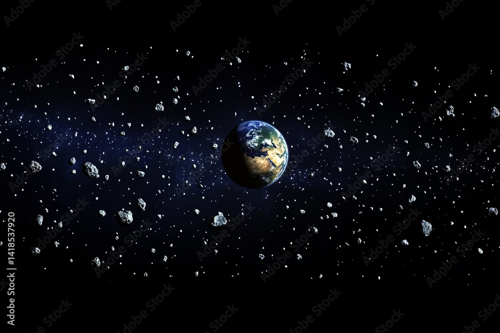 Naklejka premium A distant planet surrounded by rocks and an asteroid belt, set against a dark, expansive space backdrop, in a futuristic science fiction style.