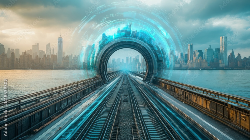 Fototapeta premium Futuristic train tracks lead to a glowing city skyline