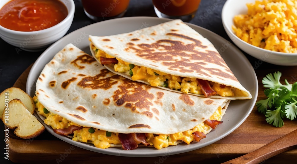 Scrumptious breakfast quesadillas filled with gooey cheese, bacon, and scrambled eggs, served on a wooden board alongside a bowl of macaroni and sauce Scrumptious breakfast quesadillas filled with gooey cheese, bacon, and scrambled eggs, served on a wooden board alongside a bowl of macaroni and sauce