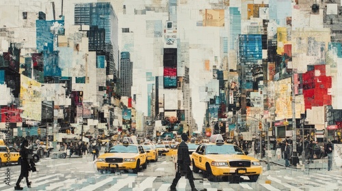 Vibrant city scene featuring yellow taxis and towering buildings
