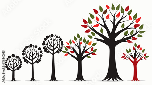 A series of charcoal drawings depicting the same tree in various stages of growth symbolizing the passing of time and growth as a person.. Vector illustration