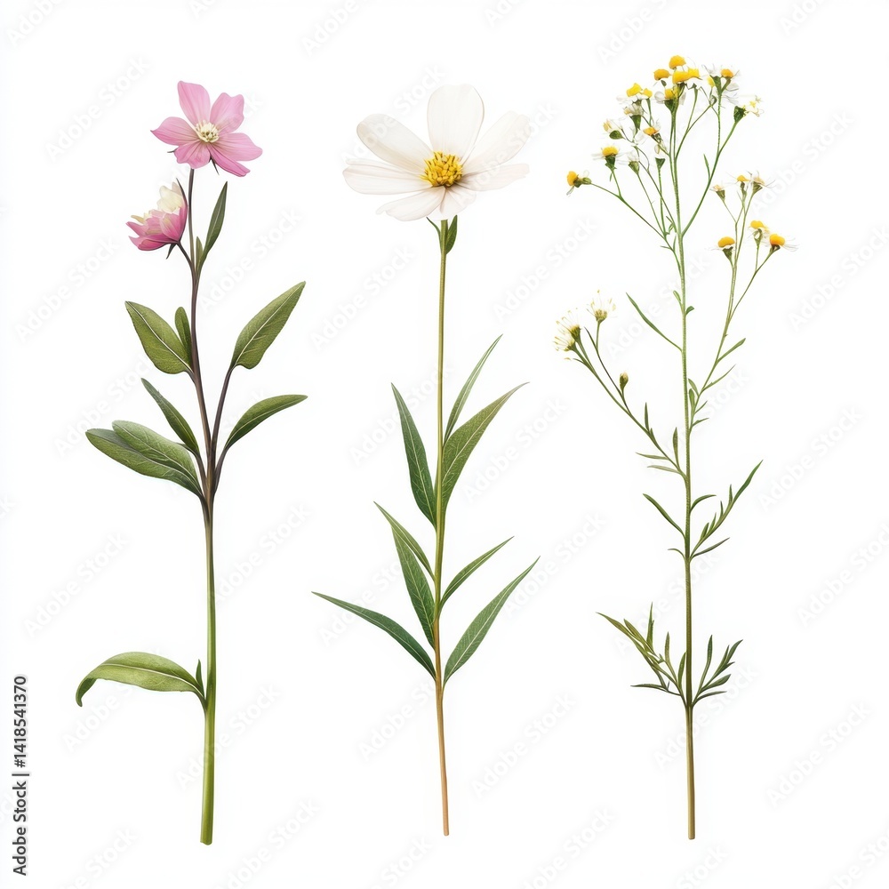 Fototapeta premium Delicate Wildflowers in Soft Colors on White Background