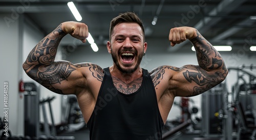 Tattooed man flexing muscles with elated expression, showcasing strength in a gym setting. Focus on fitness.