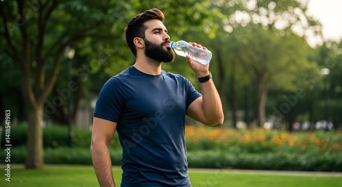 Hydrated man drinking water after exercise in the park. Stay refreshed and healthy during outdoor workouts.