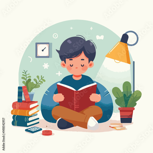 vector image of a child reading a book diligently