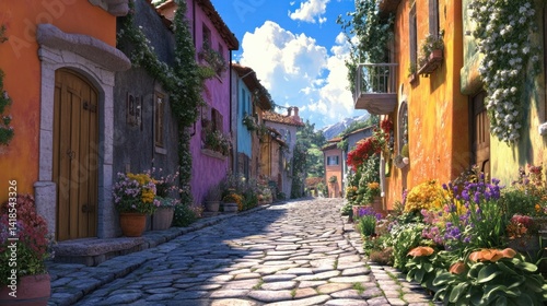 Charming Colorful Street With Flowers In A Quaint Village Scene