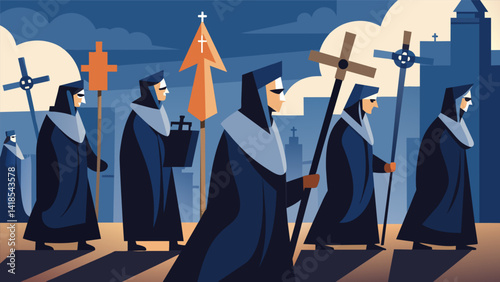 A solemn procession of cloaked figures holding crosses and reciting scriptures their voices echoing through the quiet streets.. Vector illustration