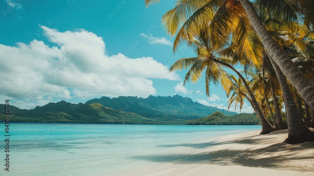 Fototapeta premium Serene Tropical Beach with Palm Trees and Calm Turquoise Water