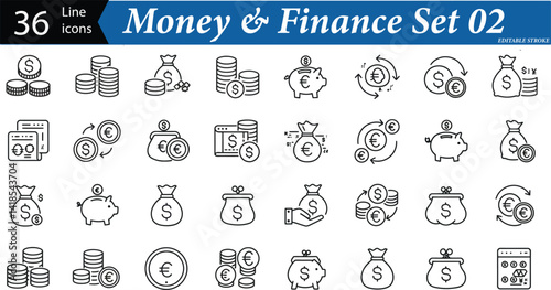 36 Editable Line Icons for Money, Finance, and Banking Concepts – Vector Illustration