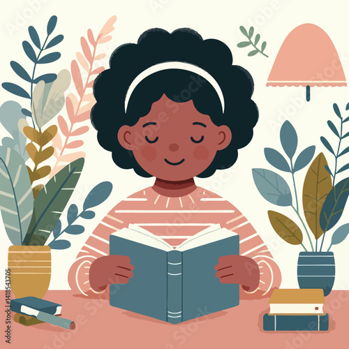 vector image of a child reading a book diligently