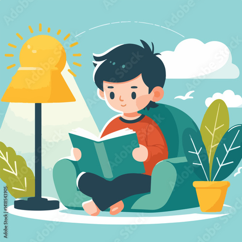 vector image of a child reading a book diligently